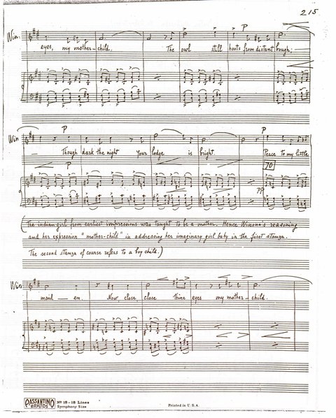 Alberto Bimboni, Winona, Act III, Final Scene (Death of Winona): Lullaby. Piano-Vocal Score, p. 215. Unpublished. Copy of holograph manuscript. The ICAMus Archive. Winona Piano-Vocal scan III-215 (1203x1500).jpg